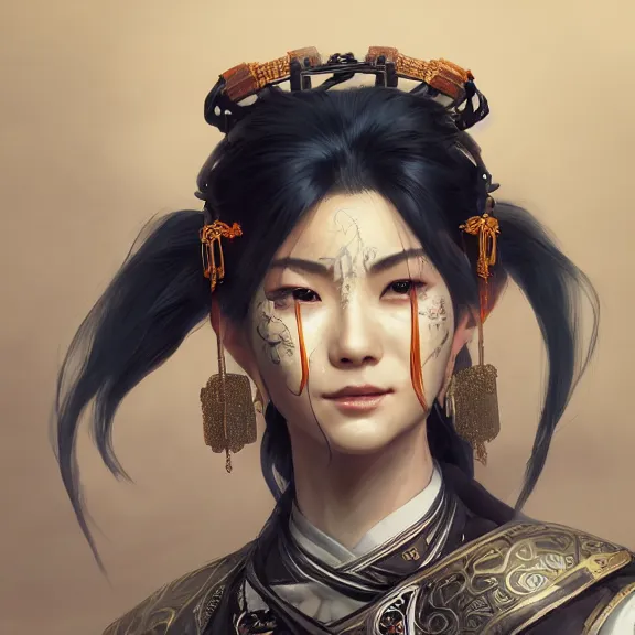 Image similar to ancient chinese princess with steampunk mask, dynasty warriors, headshot, elegant, unreal engine, 8 k, blue color scheme, headshot, highly detailed, smooth, ink painting, artstation, concept art, in style of yoji shinkawa, pan ren wei, col price, atey ghailan, by greg rutkowski, aesthetic