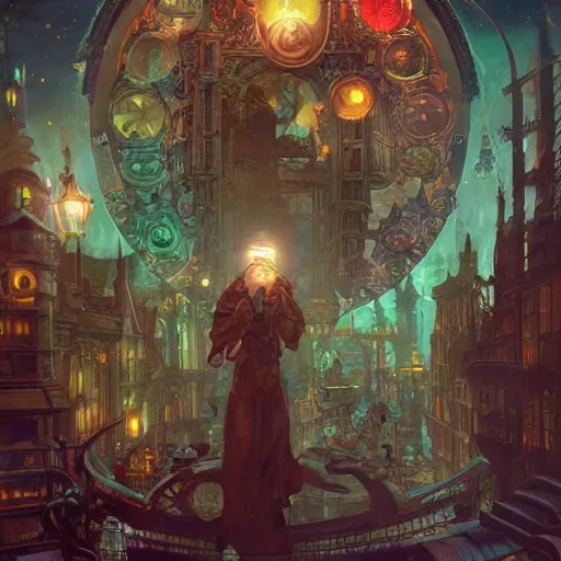 Prompt: god, steampunk city, magic library, carving on southern ice porcelain , overdetailed art, by greg rutkowski, by Alfons Mucha, complementing colors, magic, colorful lights, fireflies, detailed illustration