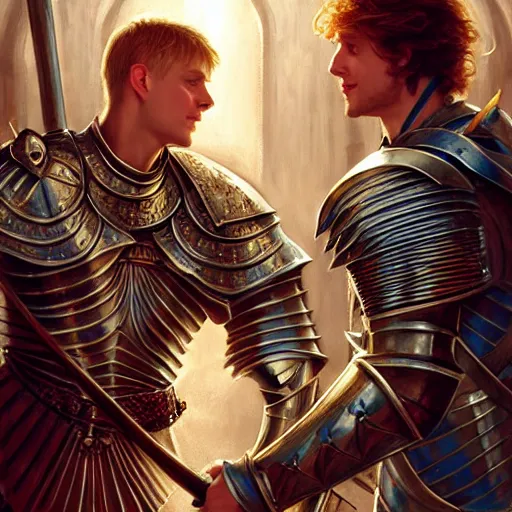 Image similar to attractive arthur pendragon and his favourite attractive male knight, they are in love, camelot, natural lighting, path traced, highly detailed, high quality, digital painting, by gaston bussiere and ross tran and j. c. leyendecker