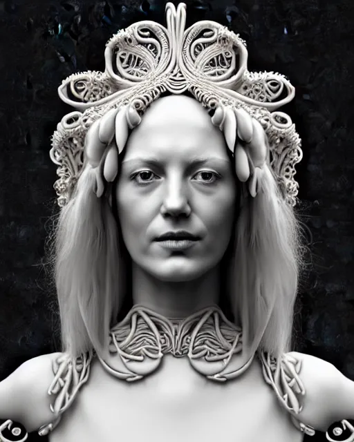 Image similar to bw 3 d render of a beautiful female queen - cyborg - vegetal, intricate fractal ornament in the bust with a very long neck, elegant, highly detailed intricate rococo ornament in her blond long hair, realistic, refined, highly detailed, cinematic outdoor lighting, by flora borsi in the style of dora maar, volumetric lighting, hyper realistic photography