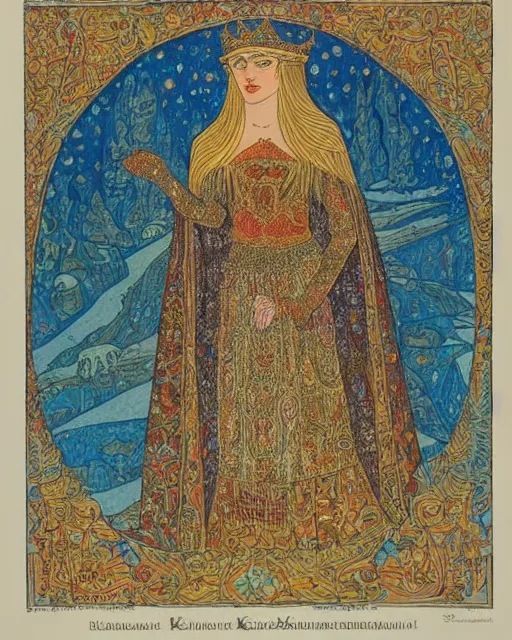 Prompt: a lithograph of tzarina katarin bokha, the ice queen of kislev by ivan bilibin, highly detailed