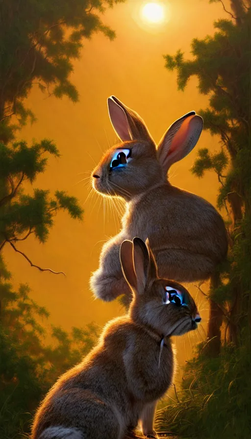 Image similar to hyper realistic rabbit looking off of a cliff, sun setting behind rabbit silhouette, lush forest in valley below, painted by craig mullins, j. c. leyendecker 8 k