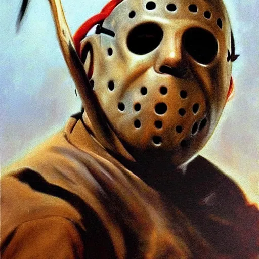 Image similar to ultra realistic portrait painting of jason voorhees, art by frank frazetta, 4 k, ultra realistic, highly detailed, epic lighting