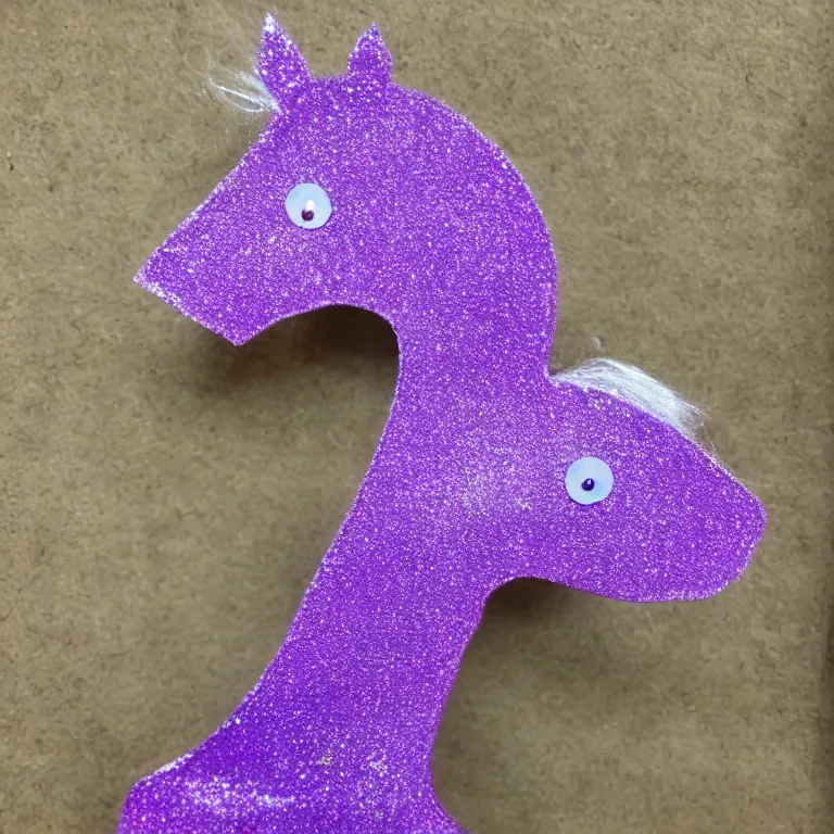 Prompt: a child's purple sparkling unicorn small and cheaply made