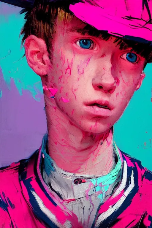 Prompt: portrait of a young boy nor living not death in a postapoliptic forgotten world, in the colors hot pink and cyan, beautiful face, rule of thirds, complex outfit, spotlight, by greg rutkowski, by jeremy mann, by francoise nielly, by van gogh, digital painting