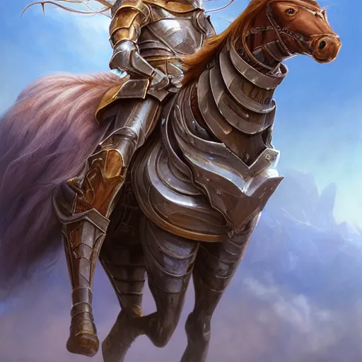 Image similar to portrait, handsome long - haired male fantasy paladin in shining armor on an armored horse, blond, rpg game, stern expression, main character, detailed, digital painting, artstation, sharp focus, illustration, artgerm, tomasz alen kopera, peter mohrbacher, donato giancola, joseph christian leyendecker, wlop, frank frazetta