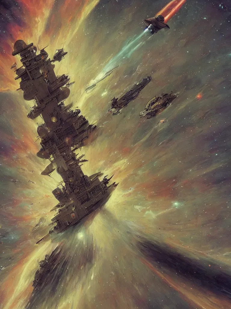 Prompt: single World War II battleship going to lightspeed in a nebula, by Mucha, trending on ArtStation