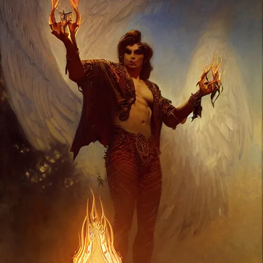 Prompt: attractive male lucifer morningstar casting a spell summoning male demons, they rise from down bellow. highly detailed painting by gaston bussiere, craig mullins, j. c. leyendecker, 8 k