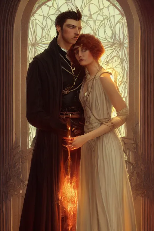 Prompt: a portrait of handsome young evil male Satan and his elegant beautiful wife, bored, illustration, dramatic lighting, soft details, painting oil on canvas, art nouveau, octane render, HDR, 4k, 8k, HD, by Edmund Blair Leighton, Brom, Charlie Bowater, trending on artstation,