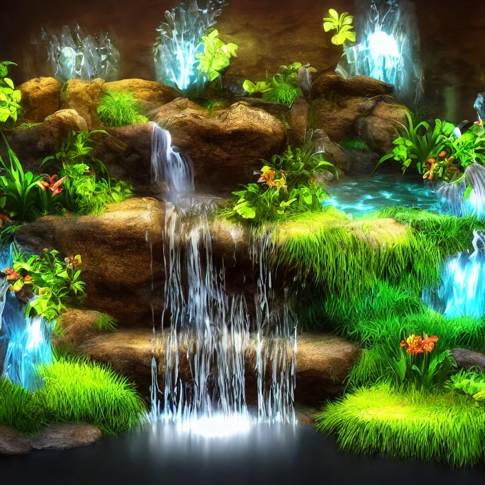 Image similar to Single waterfall with treasure hidden behind the water stream, photo realistic, glowing chest