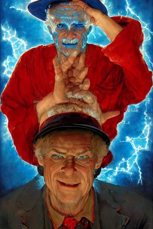 Prompt: A character study of an evil sorcerer with blue energy glowing from his hands, he has a red hat, by norman rockwell, loish, greg rutkwoski, high detail