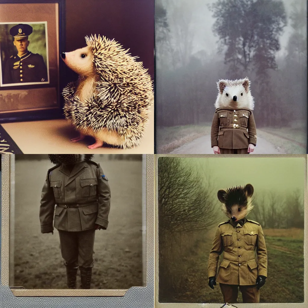 Prompt: oversize anthropomorphic hedgehog as war general in war general uniform, secretly on a village, Cinematic focus, Polaroid photo, vintage, neutral colors, soft lights, foggy, by Steve Hanks, by Serov Valentin, by lisa yuskavage, by Andrei Tarkovsky