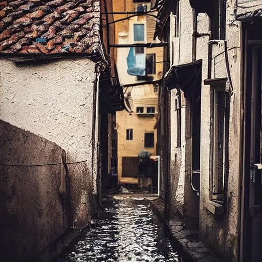 Image similar to a tiny world with streets and houses made of mud, ambient light, beautiful photography