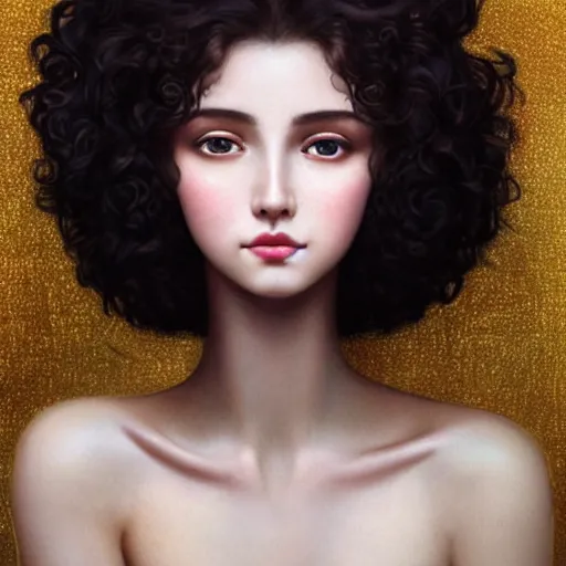 Image similar to a realistic cg rendering, a beautiful girl, long black curly hair, a slightly round face, deep and charming eyes, a touch of blush, a small and exquisite nose, delicate pale pink lips, a symmetrical face, symmetrical eyes, elegant and lovelyin the style of nikolai fechine and klimt