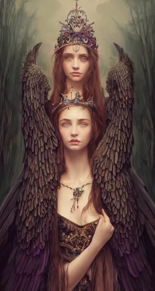 Image similar to beautiful young girl wearing a crown and sadness in her eyes, ravens around her, skulls, vaporwave aesthetic, synthwave, intricate, elegant, highly detailed, digital painting, wearing long gown, angelic wings, artstation, concept art, smooth, sharp focus, illustration, art by artgerm and greg rutkowski and alphonse mucha