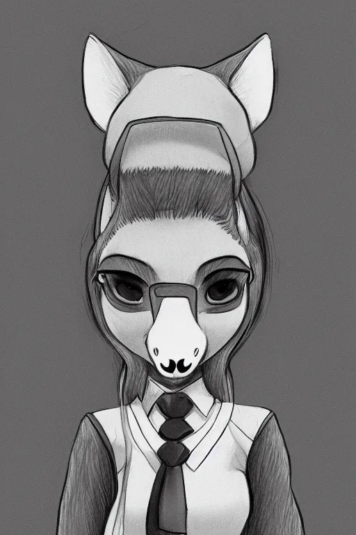 Image similar to drawing of anthromorphic female wolf, in style of cory loftis, female fursona, furry, furaffinity, 4 k, deviantart, furry art, fursona art, wearing black business suit, business suit, in style of zootopia, wolf fursona, cyberpunk, female, very expressive detailed feminine face,