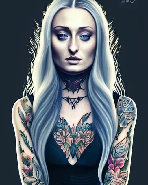 Prompt: beautiful woman Sophie Turner with full sleeve tattoos and neck tattoo, symmetrical face, portrait, Charlie Bowater character art, cinematic lighting