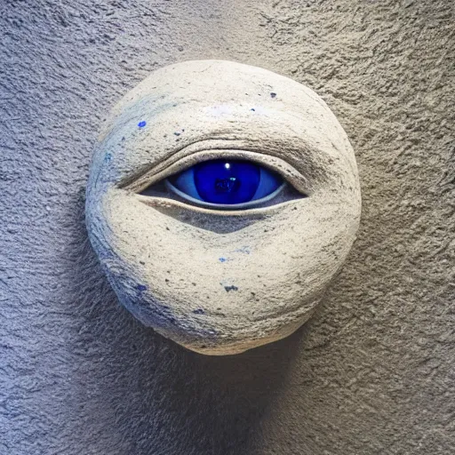 Prompt: medium - shot museum photo of ca 2 5 0 0 stone eye sculpture made of thick lapis lazuli beveled to hold the white limestone which forms the eye's sclera which is drilled to receive the black stone pupil, studio lighting, professional, promo,