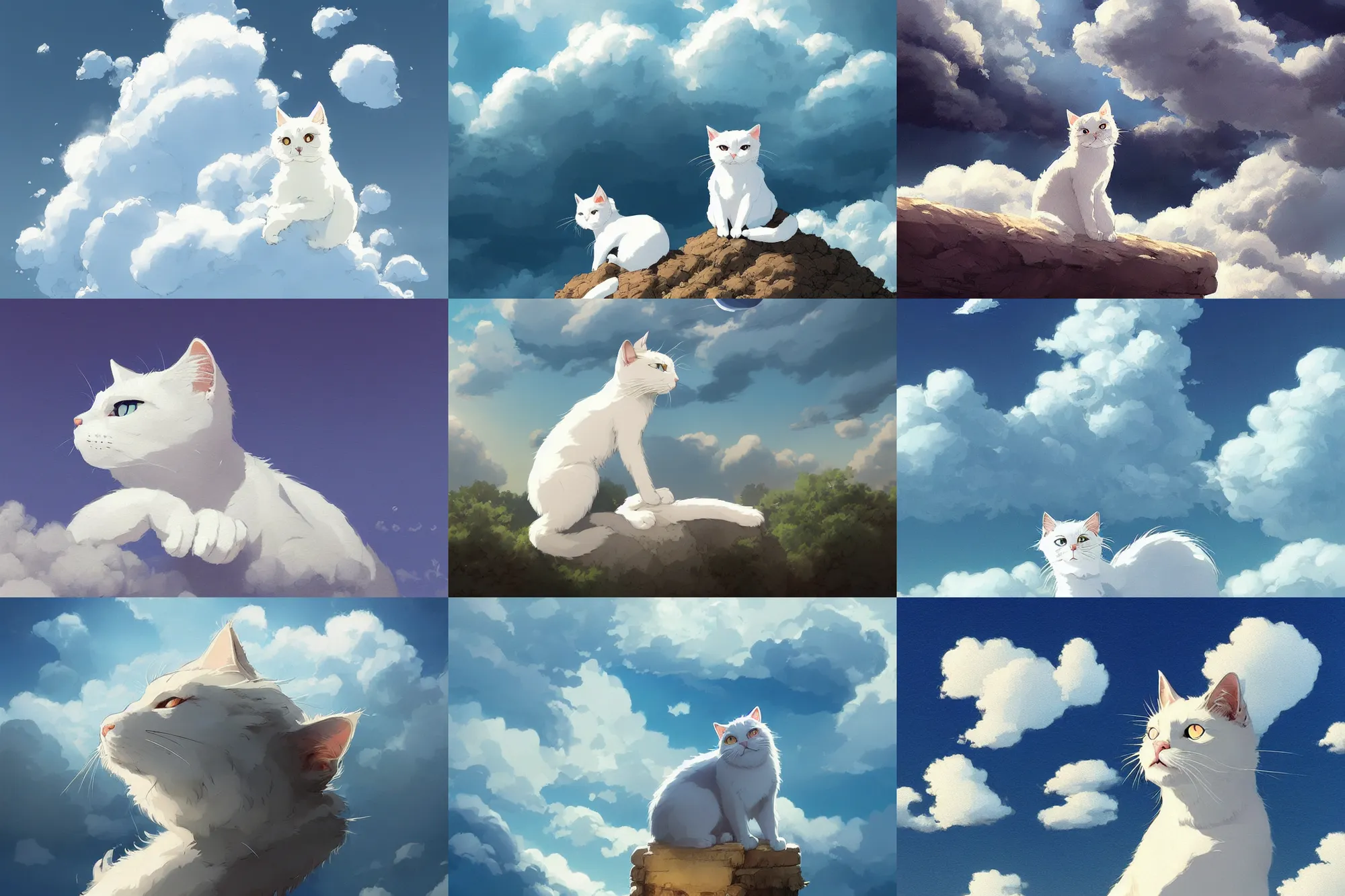 Prompt: white cat made of clouds, blue sky!, digital art, concept art, detailed illustration, hd, 4 k, digital art, greg rutkowski, dan mumford, studio ghibli trending on artstation