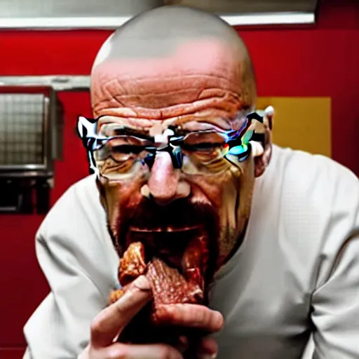Image similar to Walter White eating fried chicken with pink sauce