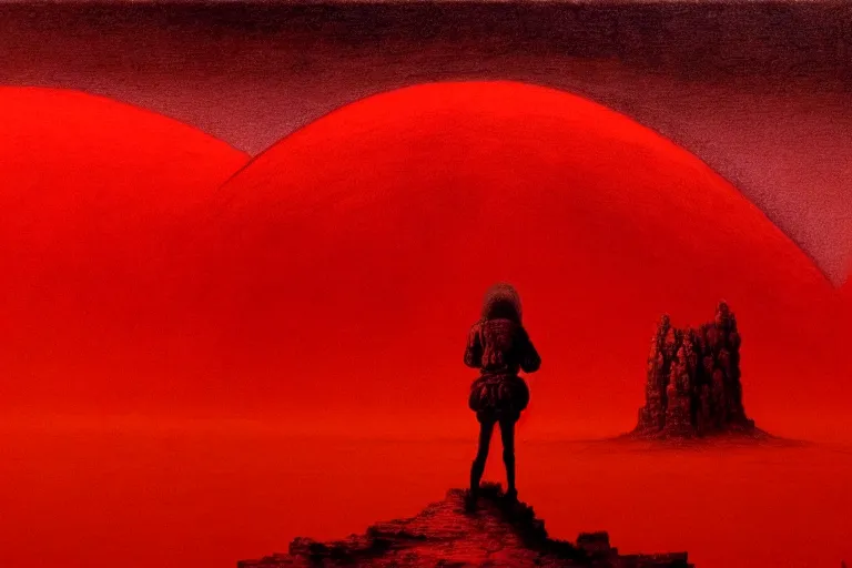 Image similar to only with red, a red shinigami eat apple, a city on mars in background, an ancient path, pathos, in the style of beksinski, part by hopper, part by rodcenko, part by hofbauer, intricate composition, red by caravaggio, insanely quality, highly detailed, masterpiece, red light, artstation