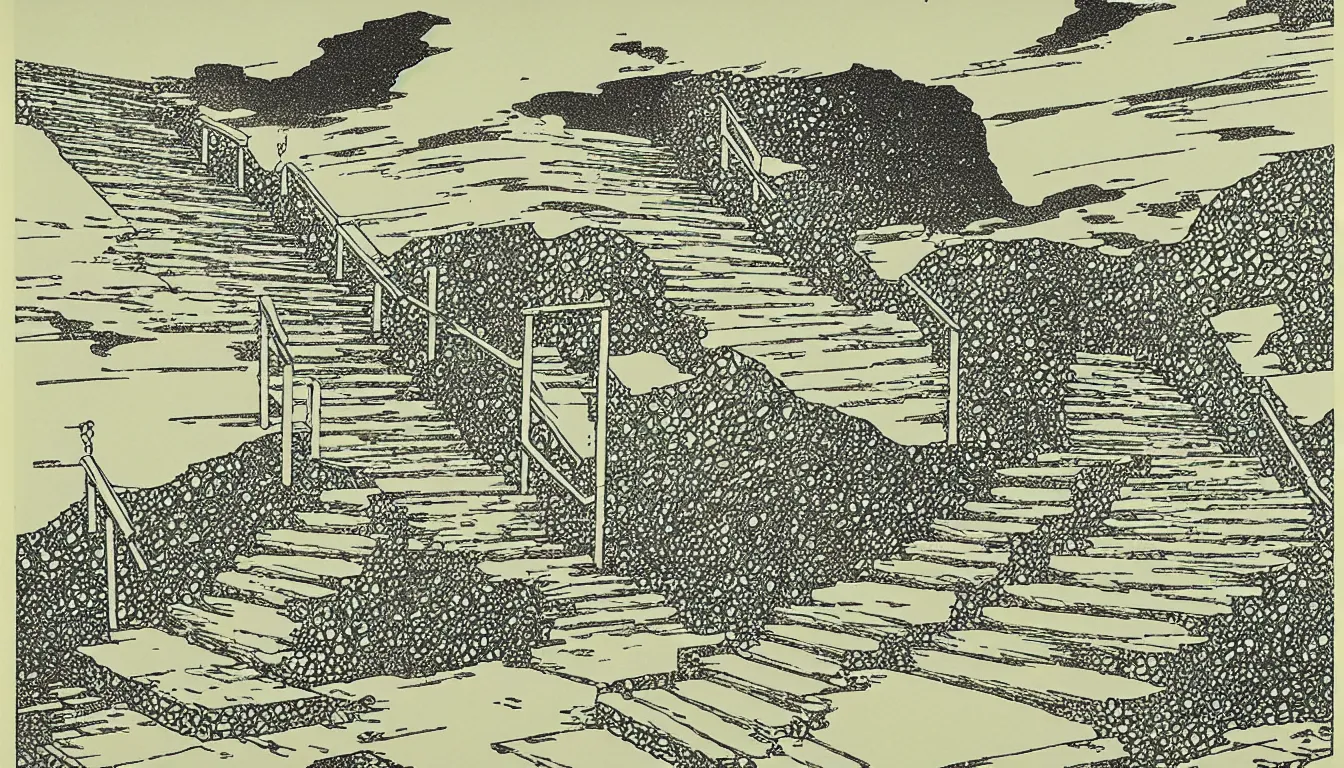 Image similar to stairs down to the beach by woodblock print, moebius