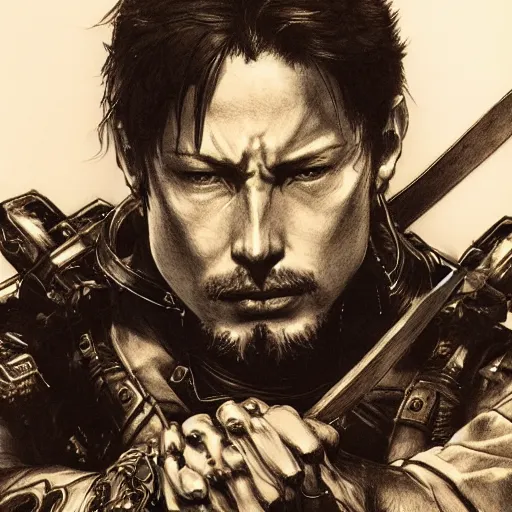 Prompt: portrait of a hero holding his sword in front of his face by yoji shinkawa, high quality, extra details, realism, pencil art