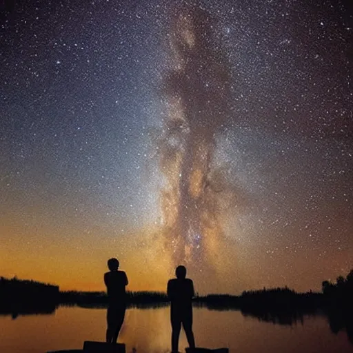 Prompt: two guys peeing in a lake while looking up at the night sky, milky way is clearly visible and reflected on the lake, the camera is behind them, 90s photo