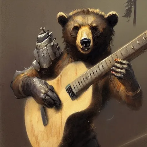 Prompt: realistic bear playing futuristic minimalistic primitive forms guitar, fantasy character portrait by Greg Rutkowski, Craig Mullins, Gaston Bussiere