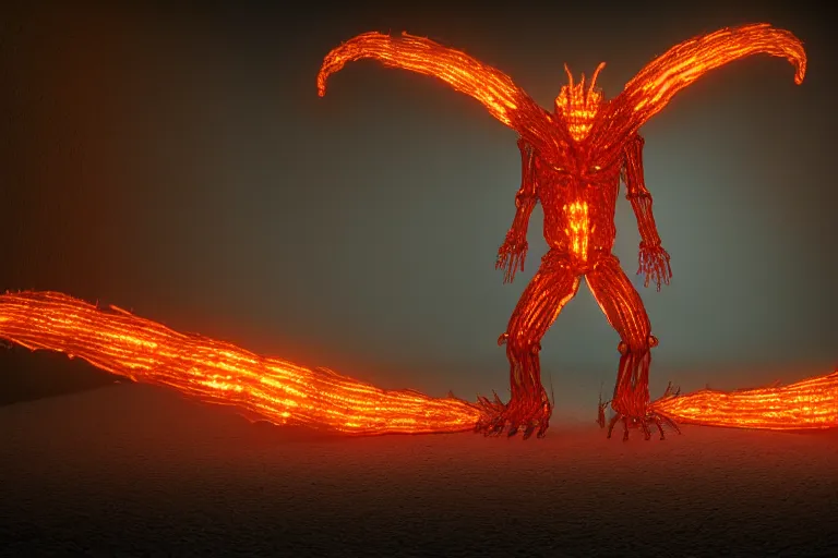 Image similar to fire creature made out of a humanoid nervous system with large meaty spikes all over the body, cinematic, volumetric lighting, f 8 aperture, cinematic eastman 5 3 8 4 film, photorealistic