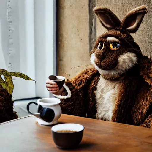 Prompt: a fluffy brown rabbit muppet wearing monk garb and a wolf skull as a mask and sat beside a cup of tea, photorealistic, nature, photography, national geographic, sesame street