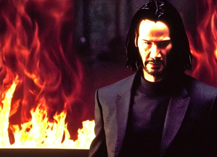 Image similar to Movie still of Keanu Reeves as Neo in The Matrix movie doing a thumb up to the camera in front on burning servers, servers in flames in the background, doing a thumb up, The Matrix servers on fire, uncropped, full body, crispy, symmetrical face, ultra detailed, cinematic, thumb up, double thumb up to the camera