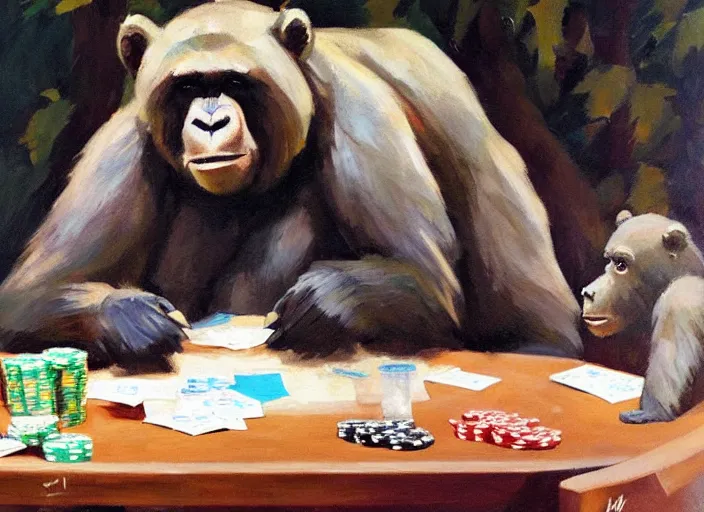 Prompt: gorrila with a bear, playing poker, bear!!, highly detailed beautiful, by gregory manchess, james gurney, james jean