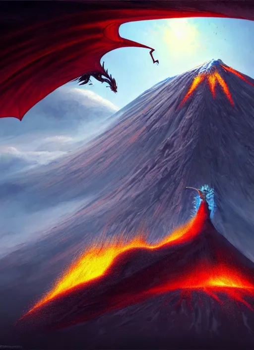 Prompt: a dragon flying around the top of a volcano, winter city at the base, hyperrealism, vibrant color scheme, highly detailed, in the style of romanticism, cinematic, artstation, moebius, greg rutkowski