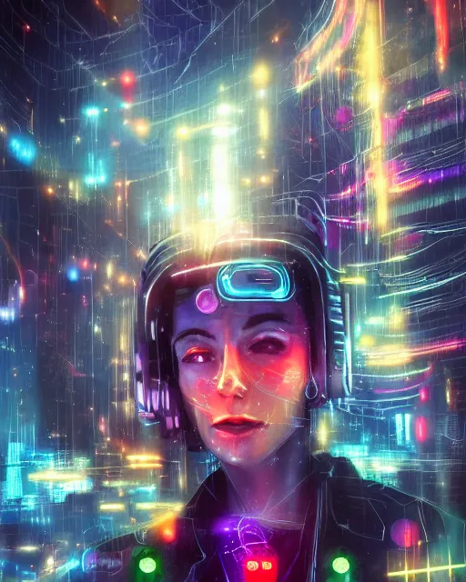 Prompt: a cyberpunk close up portrait of enchanting cyborg athena, electricity, rainbow, sparks, bokeh, soft focus, sparkling, glisten, water drops, cold, dark, geometric, temples behind her, by paul lehr, jesper ejsing