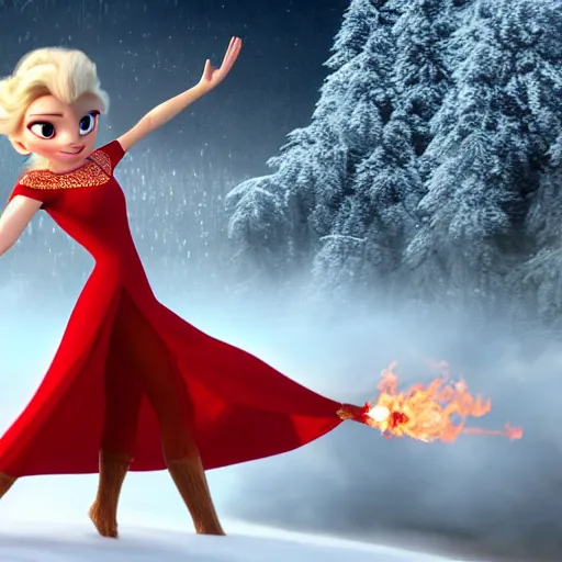 Prompt: elsa in a red dress with fire powers