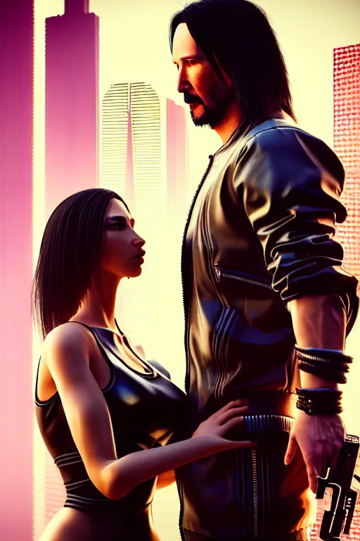 Prompt: cyberpunk 2077 couple portrait of Keanu Reeves and V in love story, fantasy, captivating dynamic facial expression, intricate, elegant, dramatic lighting, emotionally evoking symbolic metaphor, highly detailed, lifelike, photorealistic, digital painting, artstation, concept art, smooth, sharp focus, illustration, art by John Collier and Albert Aublet and Krenz Cushart and Artem Demura and Alphonse Mucha