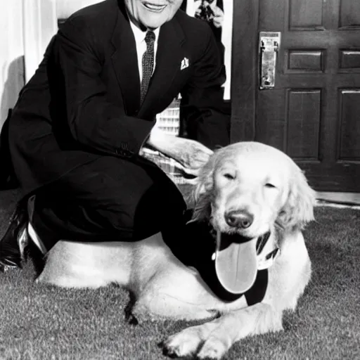 Image similar to Richard Nixon petting the family dog, Checkers. White House photo.