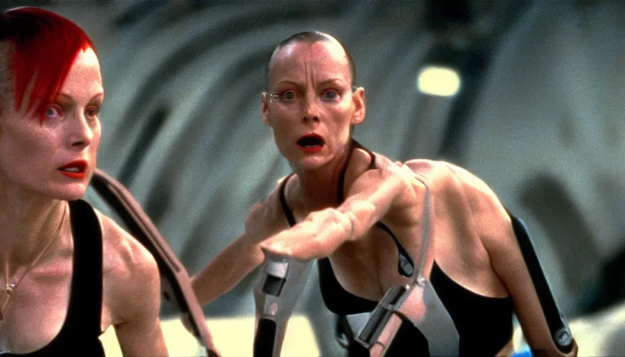 Image similar to The matrix, LeeLoo, Starship Troopers, Clarice Starling, The Olympics footage, hurdlers in a race with robotic legs, intense moment, cinematic stillframe, shot by Roger Deakins, The fifth element, vintage robotics, formula 1, starring Geena Davis, clean lighting