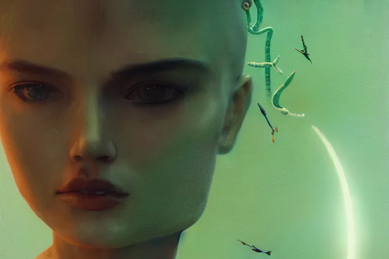 Image similar to 3 d, sci - fi, morning, angry fashion model face, sun, cinematic, clouds, sun rays, vogue cover style, poster art, light green mood, snakes, realistic painting, intricate oil painting, high detail, figurative art, multiple exposure, poster art, 3 d, by tooth wu and wlop and beeple and greg rutkowski