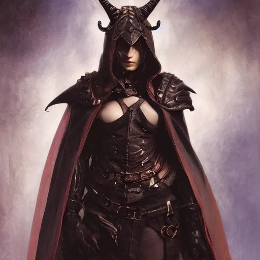 Image similar to portrait of a surly and resentful female tiefling thief with small horns clothed in leather armor and a cloak, angry expression, by Greg Rutkowski and John Collier and Krenz Cushart and Artem Demura and Alphonse Mucha and Albert Aublet, as seen on ArtStation, 4k, dungeons and dragons, very aesthetic, very detailed, intricate, unreal, fantasy, dramatic, painterly, artstation, sharp focus, smooth