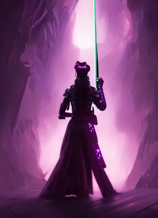 Image similar to portrait, back shot, looking away from viewer, woman with long black ponytail, wearing sci - fi leather armor, glowing purple katana, intricate, elegant, glowing lights, highly detailed, digital painting, artstation, concept art, smooth, sharp focus, illustration, art by wlop, mars ravelo and greg rutkowski