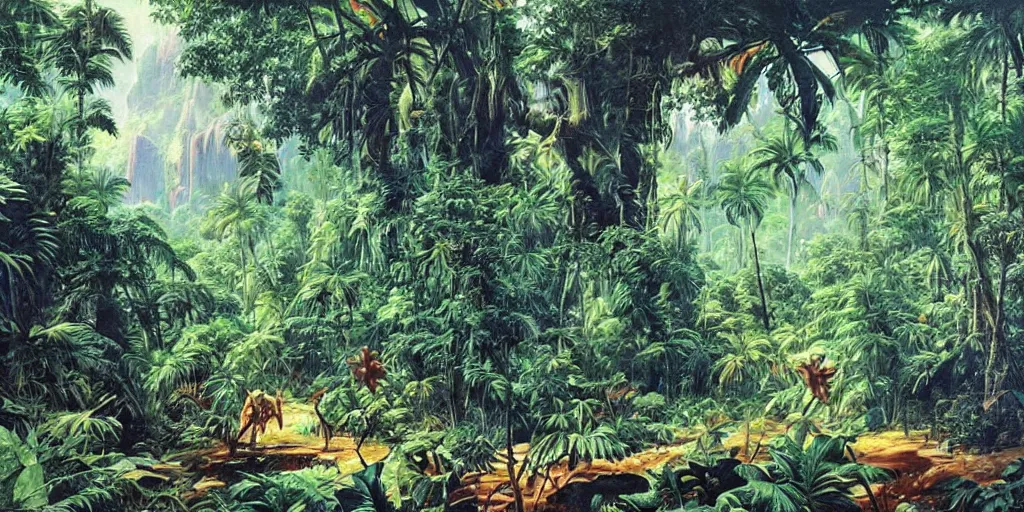 Prompt: incredible jungle landscape on an alien planet, lush, by Robert McCall