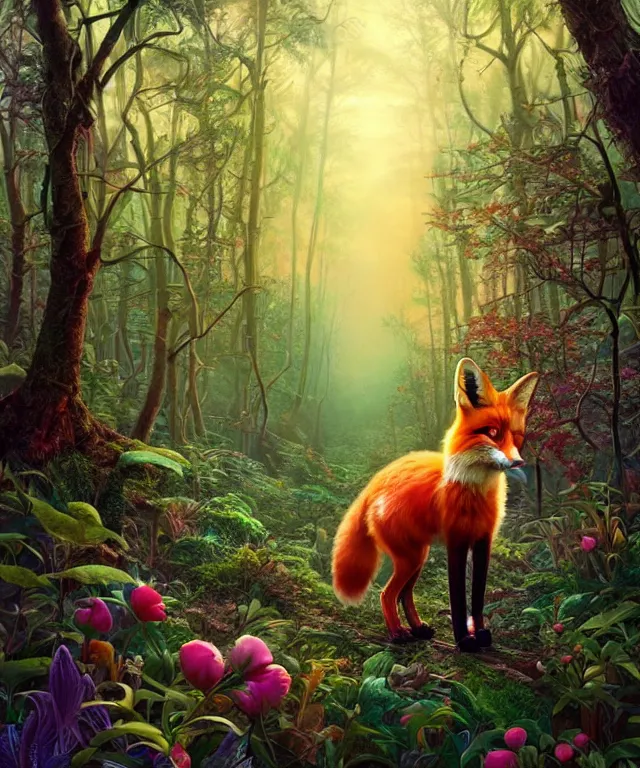 Image similar to a single realistic fox, walking through a psychedelic forest, wide angle landscape shot, pixar style by tristan eaton, artgerm and tom bagshaw