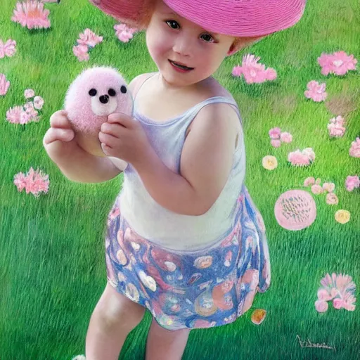 Image similar to a beautiful happy little blonde toddler girl with short curly hair at the park on a beautiful day in the shade, holding a round all-pink stuffed penguin, by Dan Mumford, Junji Murakami, Mucha Klimt, Hiroshi Yoshida and Craig Mullins, featured on Artstation, CGSociety, Behance HD, Deviantart