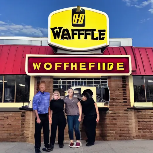 Image similar to wafflehouse employee's standing below wafflehouse sign