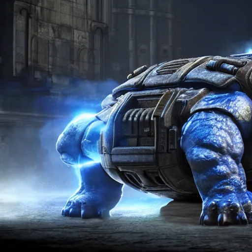 Image similar to a 'Blastoise Tank' in 'Gears of War', splash art, movie still, cinematic lighting, detailed face, dramatic, octane render, long lens, shallow depth of field, bokeh, anamorphic lens flare, 8k, hyper detailed, 35mm film grain