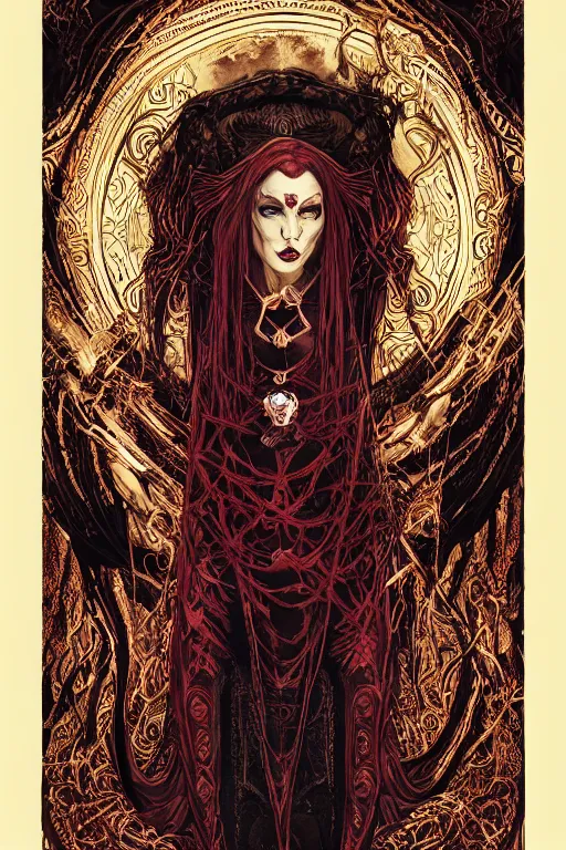 Prompt: portrait of a majestic beautiful androginous vampire, in style of midjourney, tarot card, insanely detailed and intricate vibrant crimson and black line work, golden ratio, elegant, gothic fog, ornate, horror, elite, ominous, haunting, matte painting, cinematic, cgsociety, olivier ledroit, james jean, noah bradley, darius zawadzki, vivid and vibrant