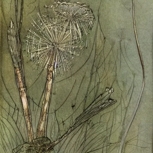 Prompt: a beautiful fairytale painting of a dandelion seed that is also a fairy. the dandelion seed is the body of the fairy. beautiful clear painting by arthur rackham