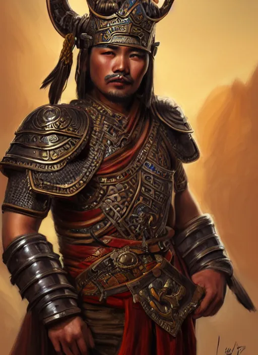 Image similar to smart tai warlord, closeup portrait, historical hero, ethnic group, sukhothai costume, bronze headset, intricate, with leather armor cross on bare chest, tai body tattoo, elegant, loin cloth, highly detailed, oil painting, artstation, concept art, matte, sharp focus, illustration, hearthstone, art by earl norem